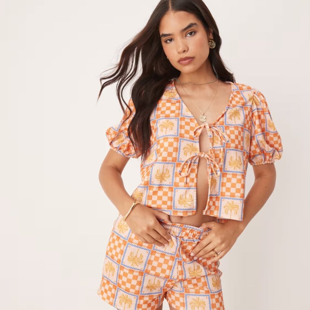 ASOS Palm Tree Checkered Orange and Blue Tie Top